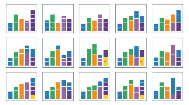 Set of colorful bar charts and graphs for data analysis and presentation