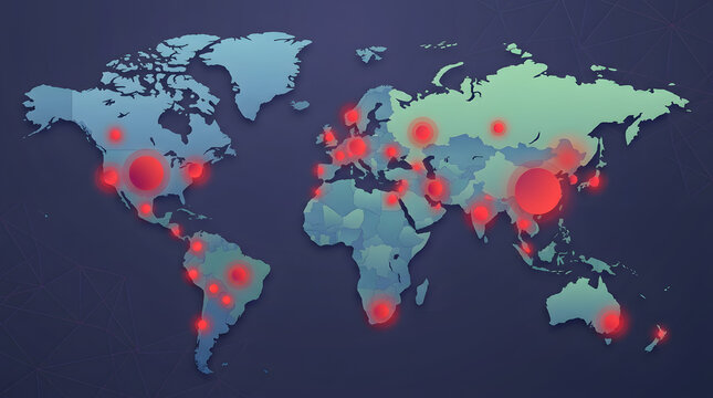 Global world map with red glowing hotspots on dark background