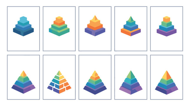 Set of colorful pyramid icons with different styles and designs