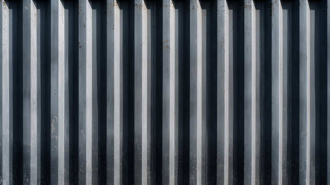 Industrial grey corrugated metal sheet texture background, vertical silver steel zinc wall panel or fence structure with dramatic light and shadow.