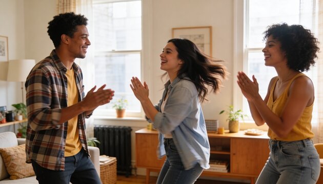Clapping, three adults wearing jeans and colorful tops celebrating in living room, with sofa