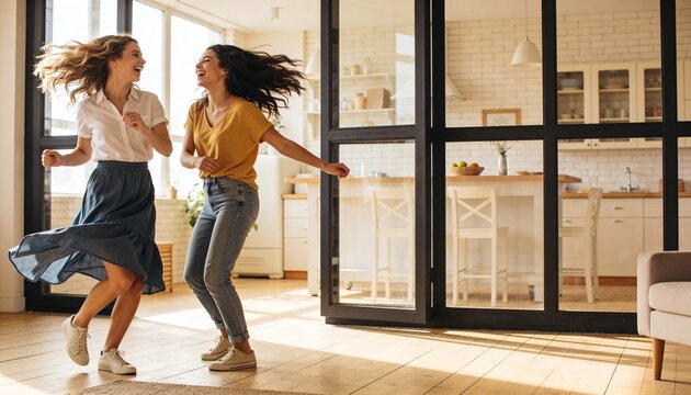 Dancing two women on sunlit wooden floor in apartment, wearing sneakers, glass partition behind