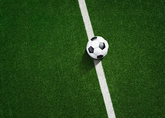 Naklejka na ściany i meble the green grass on the line in soccer stadium. Close up midfield with center point.