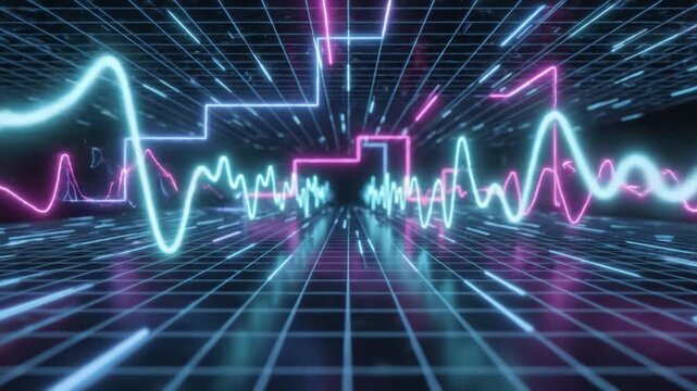 Neon waveform digital grid futuristic background glowing lines blue light pink light abstract technology electronic signal virtual space cyber design light trail data visualization modern pattern