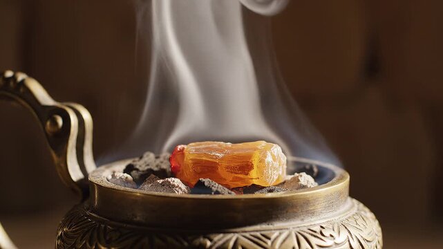 Close up of frankincense being planted in a pot with smoke floating in motion and sunlight blurring the background.