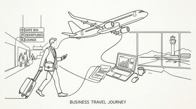Businessman with luggage and laptop navigating airport for business travel journey