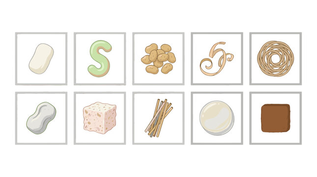 Assorted food ingredients including soap sponge nuts cookies and bread