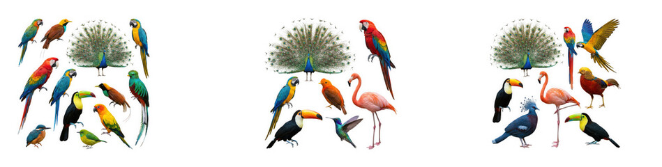 Naklejka premium Diverse collection of colorful tropical birds including parrots and isolated on transparent background
