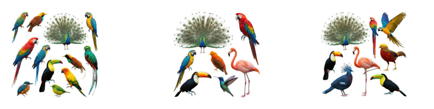 Diverse collection of colorful tropical birds including parrots and isolated on transparent background