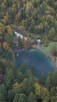Vertical Aerial View of Blausee Lake Switzerland