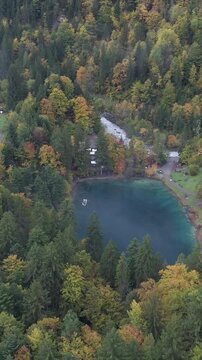 Vertical Aerial View of Blausee Lake Switzerland