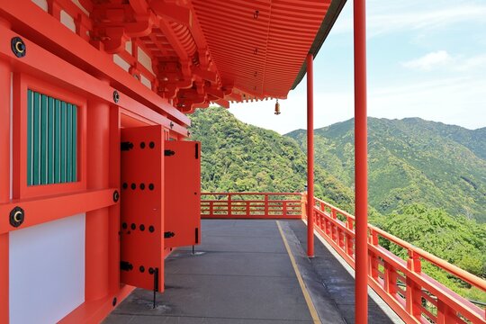Outdoor Deck of Japanese Pagoda with Mountain View