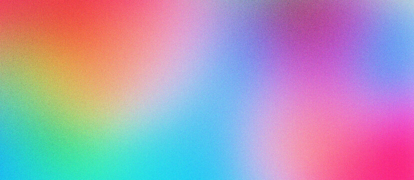 Vibrant holographic gradient background with grainy texture, colorful rainbow mesh blur for modern graphic design. Abstract neon multi color backdrop. Soft ethereal light for web and print.