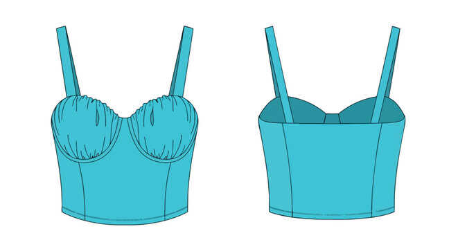 Turquoise Women Bustier Crop Top Technical Drawing Illustration Front and Back View