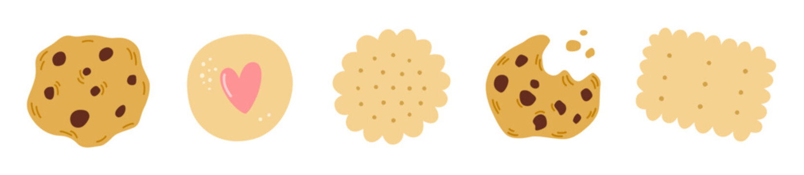 Cookie vector set of chocolate chip bitted biscuits in hand-drawn naive style. Horizontal border of sweet crackers with heart for kids packaging, bakery textiles, fabric stationery design.
