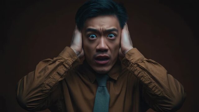 Frightened shocked Asian man covering ears with fearful expression in dark studio portrait, worried man with stress and fear on dark background, surprise and anxiety concept