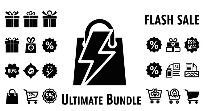 Flash Sale Ultimate Bundle Icons: Gifts, Shopping Bag, Discounts, Percentage, Sale Offers