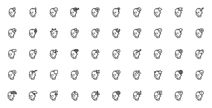 Human mind icon set. Mind related vector icons pack. Minimal line style. Includes symbols for brain, thinking, creativity, intelligence, memory, ideas, psychology, cognition, focus and more. Editable 