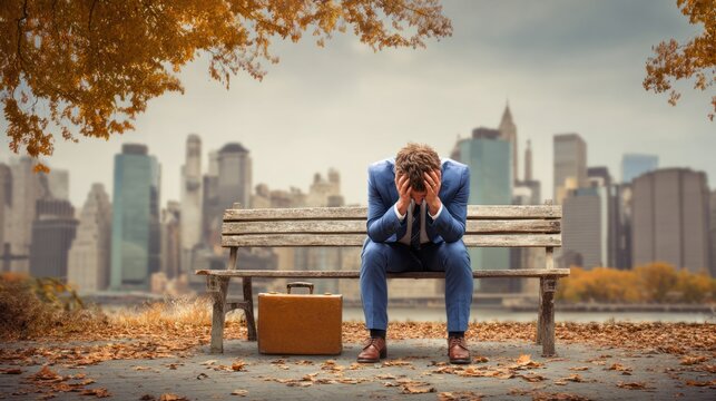 Sad man in a blue suit sitting on a park bench with city skyline in the background, expressing disappointment or reflection