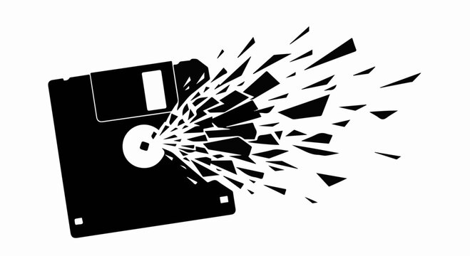 Retro floppy disk disintegrating into abstract digital fragments, symbolizing data loss or obsolescence.
