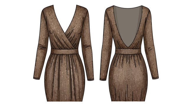 Elegant brown sequin mini dress illustration featuring front and back view with long sleeves deep v-neck and backless design for cocktail party wear