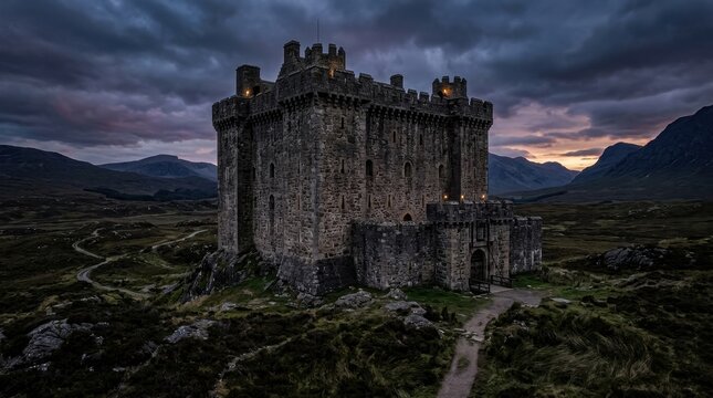 Majestic Stone Castle Fortress Standing Proudly on Hilltop at Dusk Under Dramatic Sky