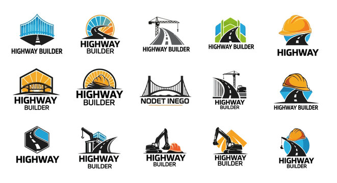 Highway Construction Logos Set: Road Building, Infrastructure, Engineering Symbols