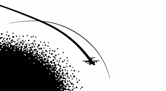 Jet plane performs aerial maneuver over a dark, textured sphere against a bright sky