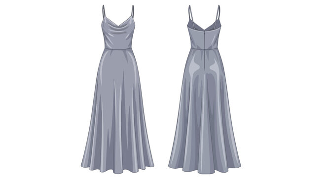 Long silver evening dress illustration with cowl neckline and thin straps front and back view