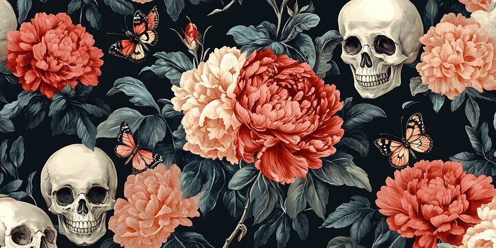 Dark floral pattern with peonies and skulls interspersed with delicate butterflies creating a gothic beauty