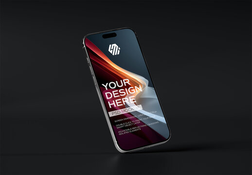 Floating Glossy Smartphone on Black Background Mockup