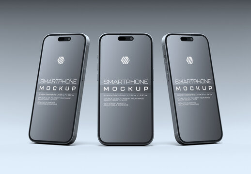 Three Smartphones Standing On Colored Background Mockup