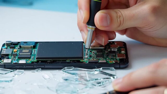 Person repairing broken smartphone