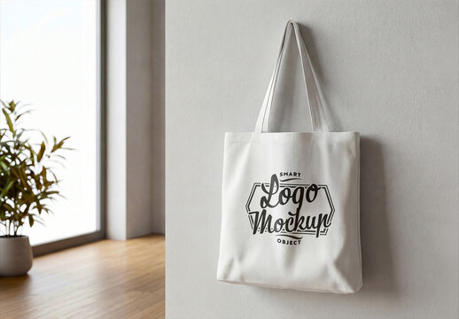 Tote Bag Hanging on a White Wall Interior Mockup