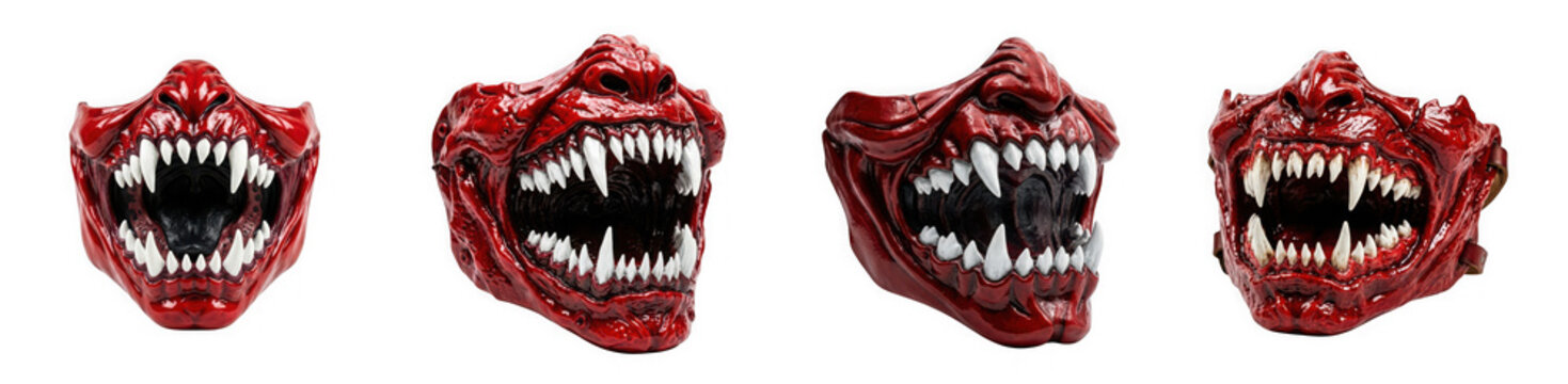 Scary red demon mask with white fangs shown from different angles isolated on transparent background