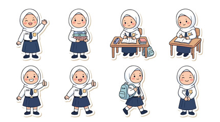 Fototapeta premium Indonesian Muslim school girl with maroon hijab round sticker pack, cute elementary student character badges for learning, drawing, and playing, education cartoon vector