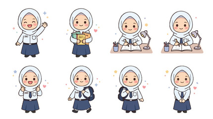 Fototapeta premium Muslim junior high school girl student round sticker pack, cute hijab SMP schoolgirl character badges for school routine, study, and reading, education cartoon vector