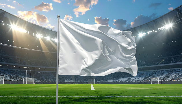 Blank white flag waving in a sunlit soccer stadium, concept for surrender, new beginning, or empty space