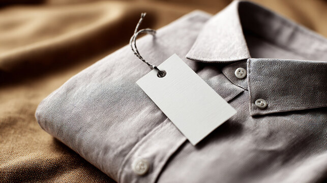 Folded gray shirt with a blank white hang tag attached, ready for retail