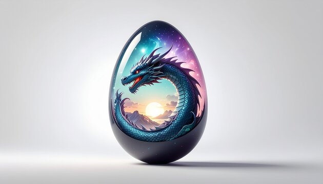A dragon egg glows with a vibrant sunset inside on a plain background.