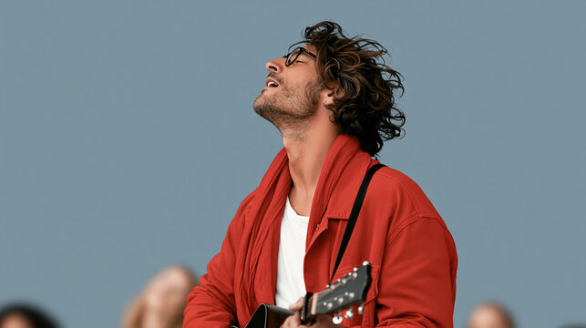 A man singing to himself unaware that others are listening and smiling
