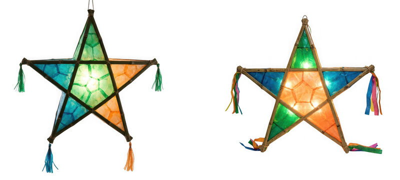 Traditional filipino christmas star lantern parol with colorful lights isolated on transparent background
