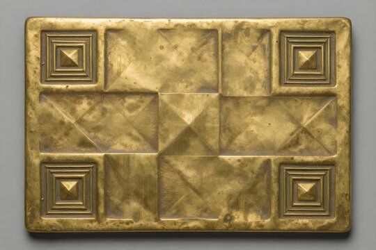 Antique brass metal plate with geometric patterns and embossed golden texture.