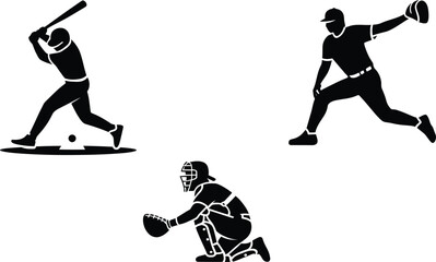 Fototapeta premium Baseball player positions icons set in solid style showing pitcher batter and catcher athletes