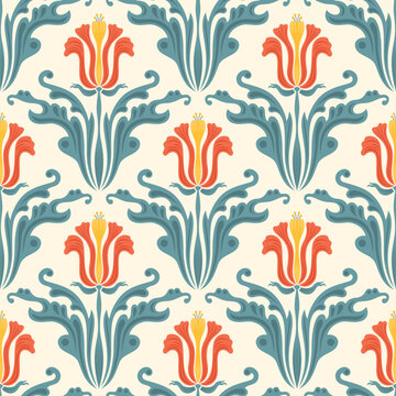 Art Nouveau Vintage Damask Retro Lily and Acanthus Leaves Floral Seamless Pattern