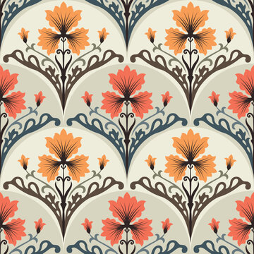 Art Nouveau Elegant Iris and Lily Floral Ogee Seamless Pattern