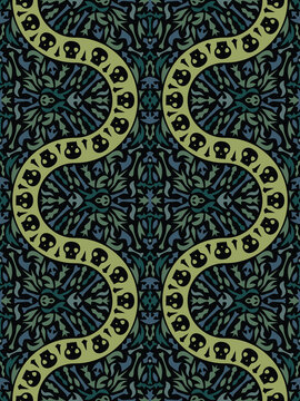 Gothic Luxury Skull and Snake Ogee Seamless Pattern with Mystical Ornaments