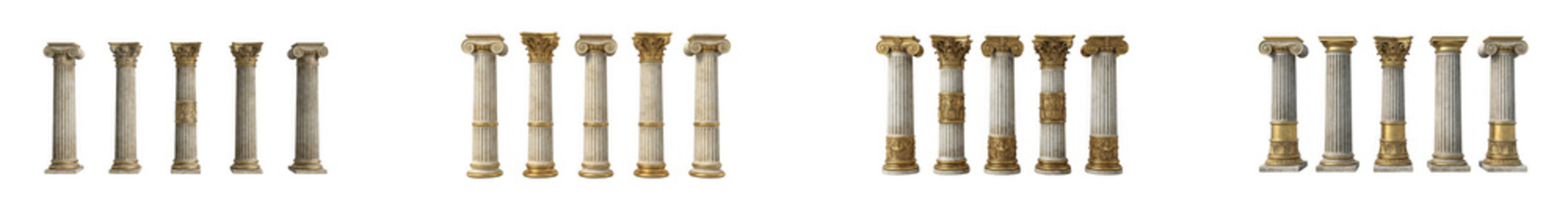 Architectural collection of classical stone pillars and greek columns isolated on transparent background