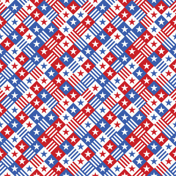 Patriotic USA Flag Geometric Mosaic Seamless Pattern with Stars and Stripes