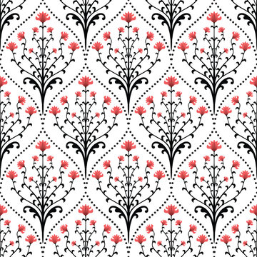Vintage Elegant Damask Chintz Floral Seamless Pattern with Red Carnation Flowers and Dotted Diamond Lattice
